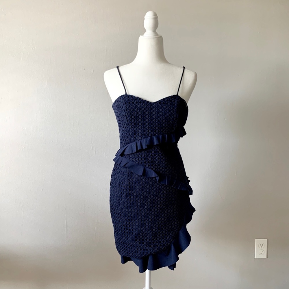 Bardot Navy Ruffle Crochet Dress